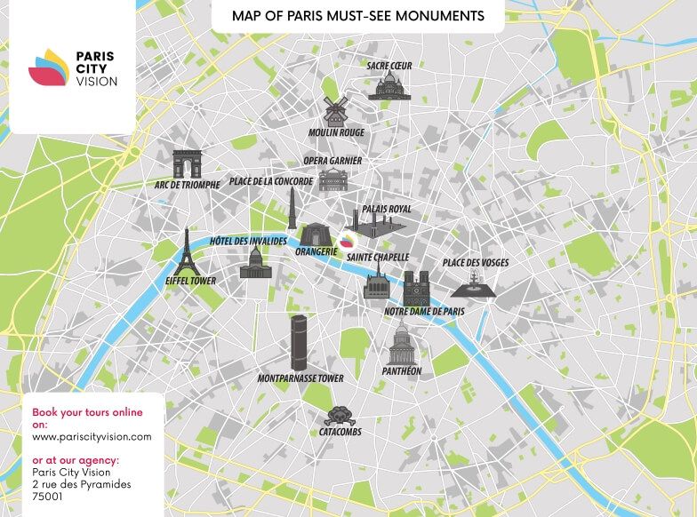 carte monument paris Map Of Paris Monuments Downloadable Map Pariscityvision carte monument paris